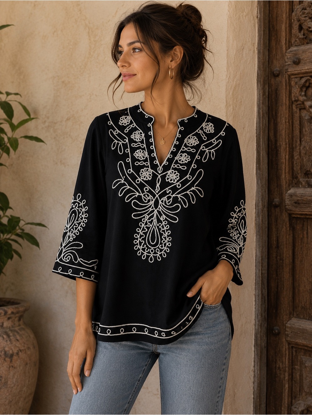 Black Velvet Tunic Blouse With Decorative Cord Trim Size L Boho Folk Statement